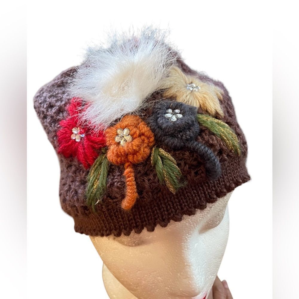 Flower Crochet Beanie Flowers Rhinestones Brown